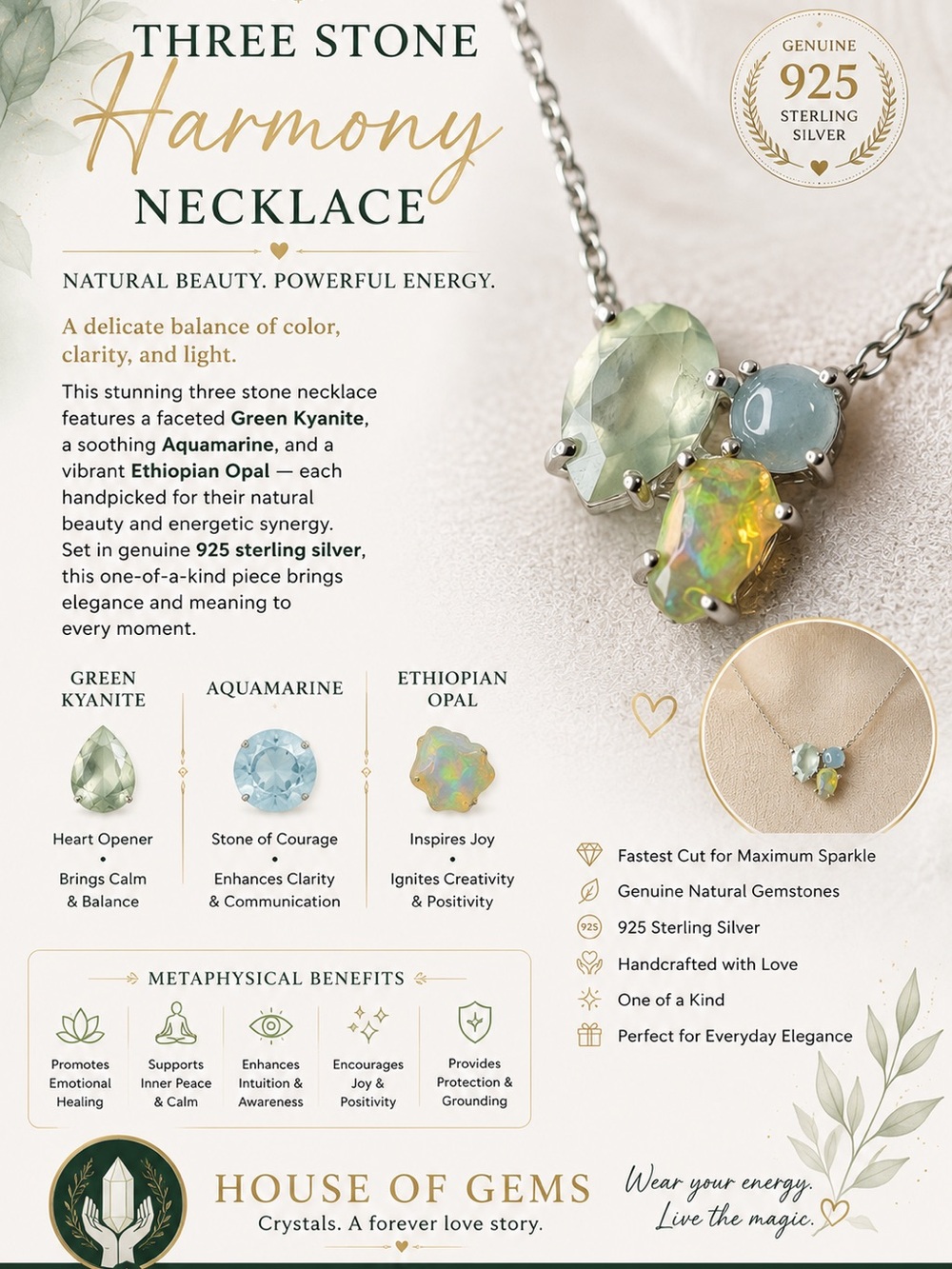 Three Stone Harmony Necklace - Green, Blue & Opal